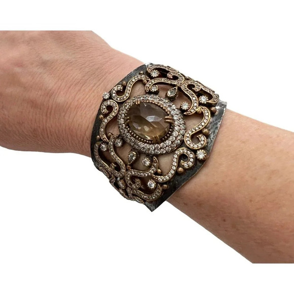 Designer Handcrafted Oxidized Sterling Silver Crystal Embellished Cuff - Picture 8 of 11